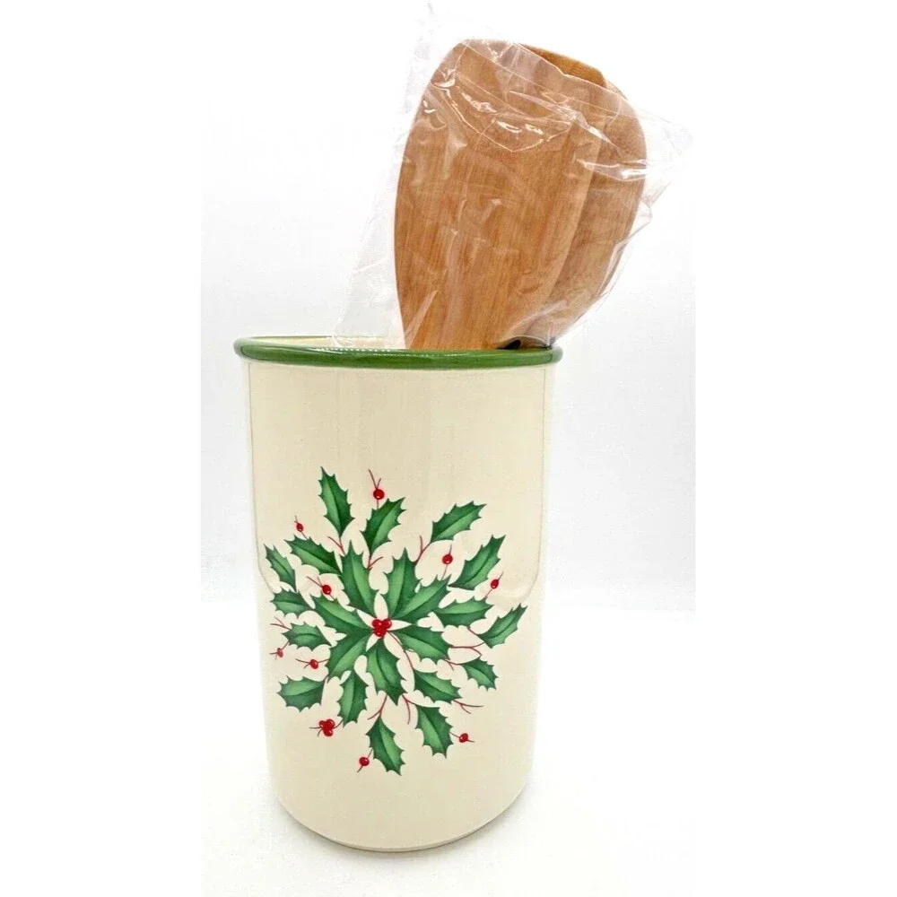 Lenox XMAS Holiday Utensil Crock w/3 Wooden Server Spoons Made for Macys NOS NIB